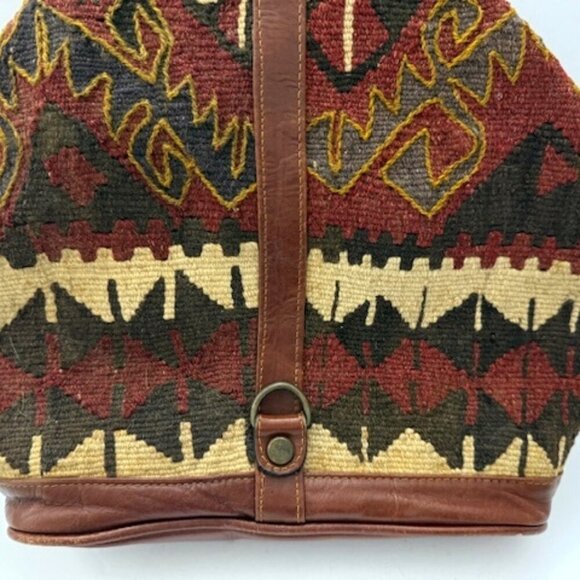 Yun Art Vintage Kilim Wool Carpet Sling Backpack Leather Trim Tribal Boho - Picture 7 of 11